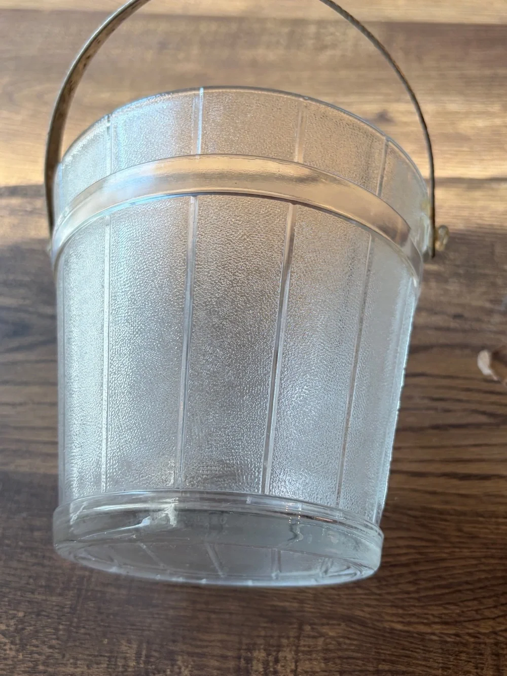 Vintage Clear Textured Glass Ice Bucket with Metal Swing Handle~Mid Century Era